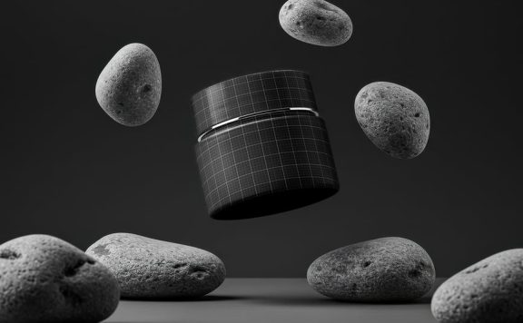 用石头浮动的化妆品罐样机 (PSD)