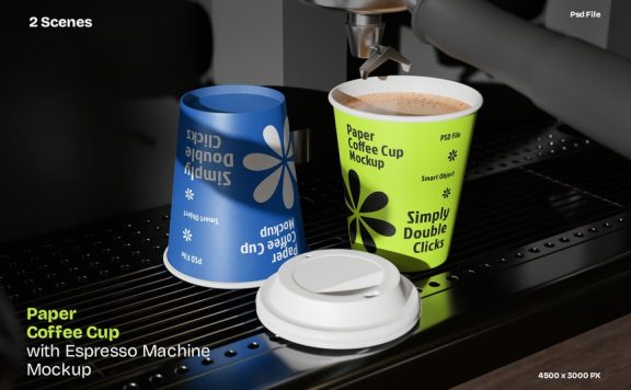 带浓缩咖啡机模型的纸杯杯样机 (PSD)