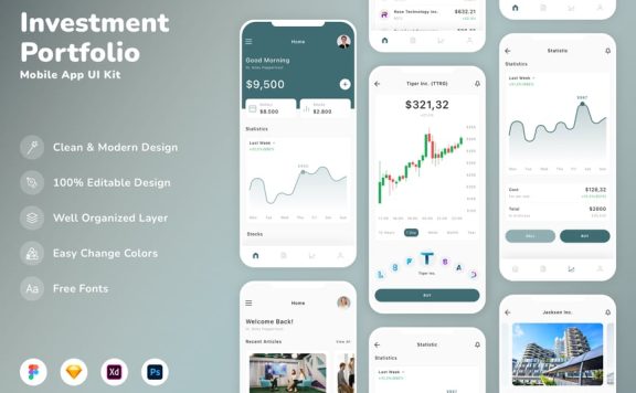 投资管理移动应用App UI Kit (SKETCH,FIG,XD,PSD)