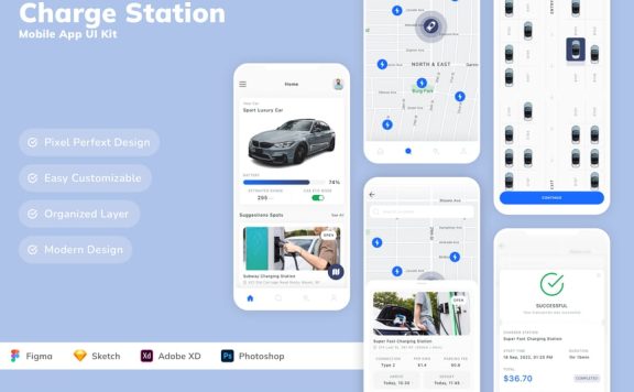 充电站移动应用 App UI Kit (SKETCH,FIG,XD,PSD)