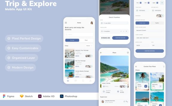 旅行和探索移动应用App UI Kit (SKETCH,FIG,XD,PSD)