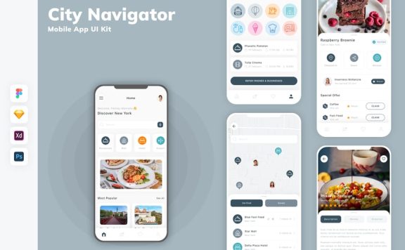 城市导航器移动应用 APP UI KIT (SKETCH,FIG,XD,PSD)