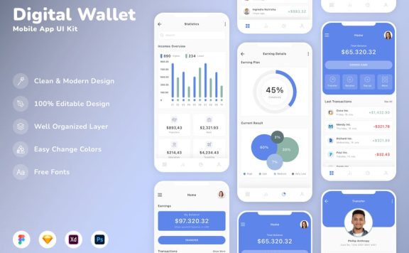 数字钱包移动应用APP UI KIT (SKETCH,FIG,XD,PSD)