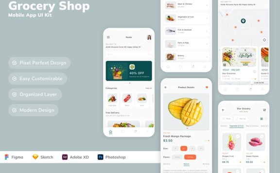杂货店移动应用 APP UI KIT (SKETCH,FIG,XD,PSD)