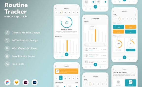 日常追踪移动应用 APP UI KIT (SKETCH,FIG,XD,PSD)