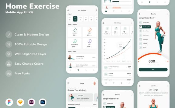 家庭锻炼移动应用APP UI KIT (SKETCH,FIG,XD,PSD)