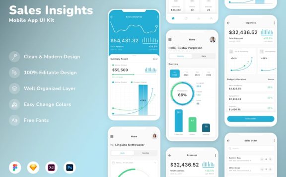 销售洞察移动应用APP UI KIT (SKETCH,FIG,XD,PSD)