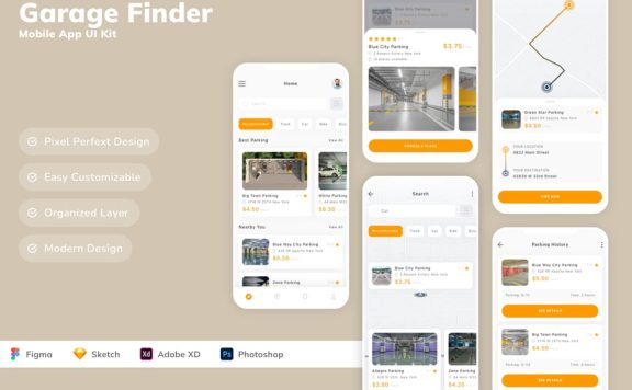 车库查找器移动应用 APP UI KIT (SKETCH,FIG,XD,PSD)