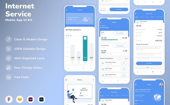 互联网服务移动应用APP UI KIT (SKETCH,FIG,XD,PSD)