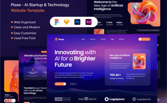 人工智能创业和技术网站模板 (FIG,PSD,SKETCH,XD)