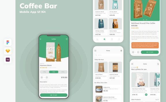 咖啡吧移动应用APP UI KIT (SKETCH,FIG,XD)