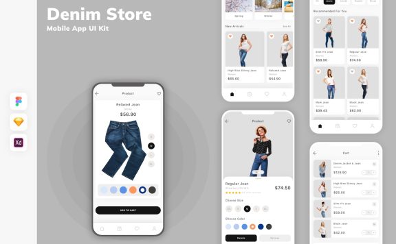 牛仔布商店移动应用 APP UI KIT (SKETCH,FIG,XD)