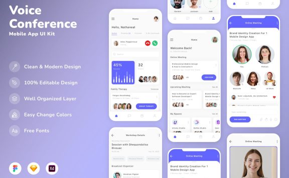 语音会议移动应用APP UI KIT (SKETCH,FIG,XD)