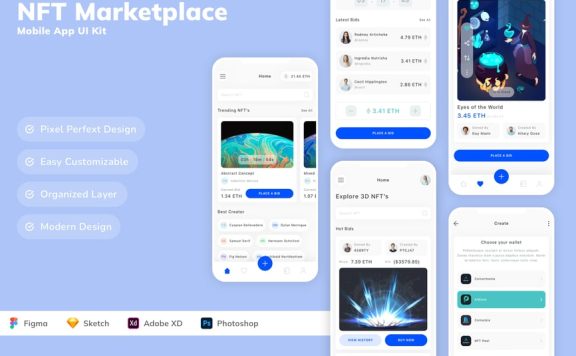 NFT 市场移动应用 App UI Kit (SKETCH,FIG,XD,PSD)