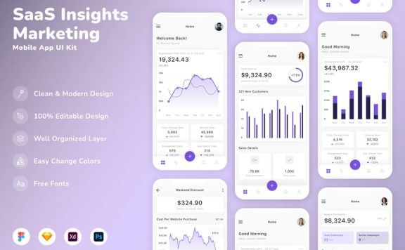SaaS 洞察和营销移动应用 App UI Kit (SKETCH,FIG,XD,PSD)