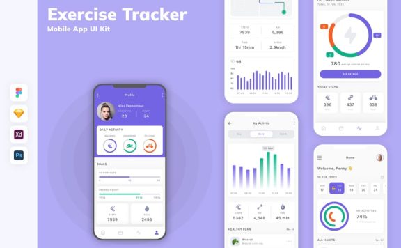 运动追踪器移动应用 App UI Kit (SKETCH,FIG,XD,PSD)