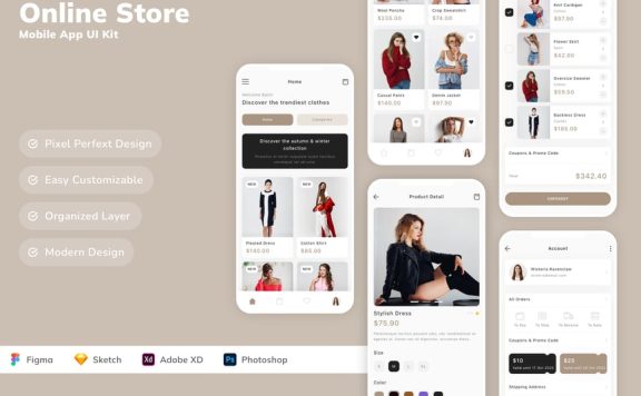 在线商店移动应用 App UI Kit (SKETCH,FIG,XD,PSD)