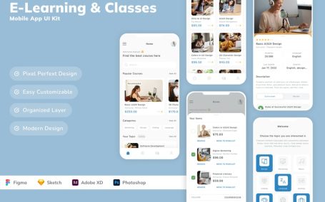 在线学习和课程移动应用 APP UI KIT (SKETCH,FIG,XD,PSD)