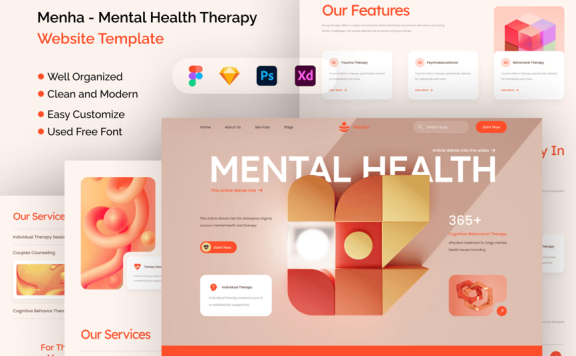 Menha – 心理健康治疗网站 (FIG,PSD,SKETCH,XD)