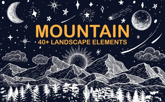 高品质的手绘矢量山地景观月亮太阳云彩星空大树树木自然元素大集合-AI, EPS, SVG, PNG