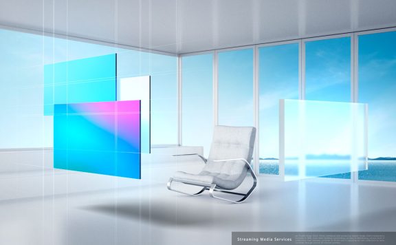 白色房间屏幕显示流媒体服务海报设计模板 (psd)