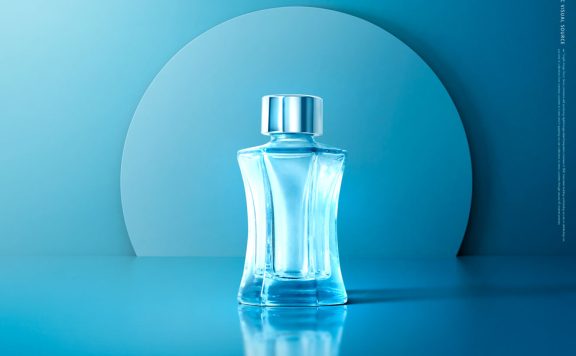 蓝色平台场景香水化妆品海报设计模板 (psd)