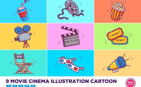 9个高品质的时尚高端可爱的卡通电影矢量插画大集合- AI, EPS, JPG, PNG, SVG