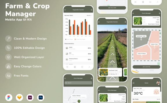 农场和作物经理移动应用App UI Kit (SKETCH,FIG,XD,PSD)