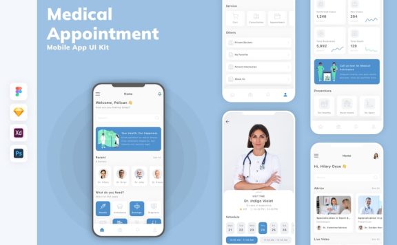医疗预约移动应用 App UI Kit (SKETCH,FIG,XD,PSD)