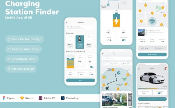 充电站查找器移动应用App UI Kit (SKETCH,FIG,XD,PSD)