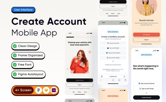 创建帐户移动应用App UI Kit (FIG,SKETCH,XD)