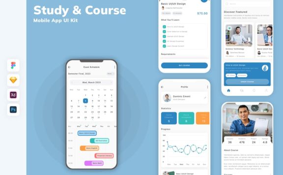 在线学习和课程移动应用App UI Kit (SKETCH,FIG,XD,PSD)