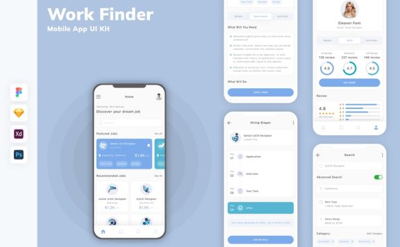 找工作求职器移动应用APP UI KIT (SKETCH,FIG,XD,PSD)