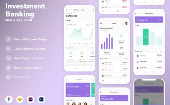 投资与银行移动应用APP UI KIT (SKETCH,FIG,XD,PSD)
