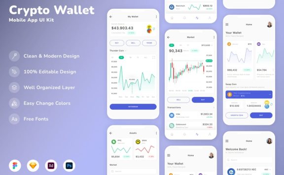 加密钱包移动应用APP UI KIT (SKETCH,FIG,XD,PSD)