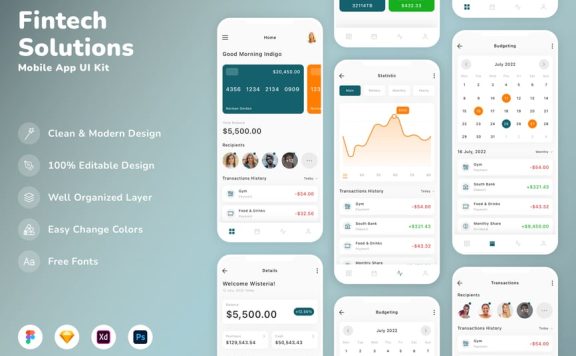 金融科技解决方案移动应用APP UI KIT (SKETCH,FIG,XD,PSD)
