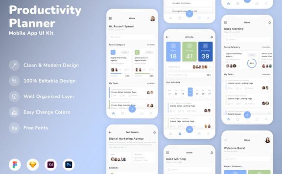 生产力规划器移动应用APP UI KIT (SKETCH,FIG,XD,PSD)