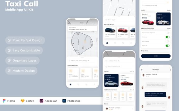 出租车呼叫移动应用APP UI KIT (SKETCH,FIG,XD,PSD)