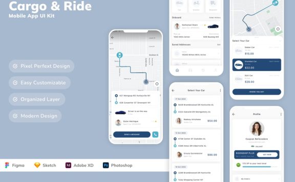 货运和乘车移动应用APP UI KIT (SKETCH,FIG,XD,PSD)