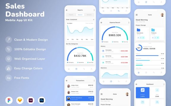 销售仪表板移动应用  APP UI KIT (SKETCH,FIG,XD,PSD)