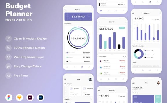 预算规划器移动应用APP UI KIT (SKETCH,FIG,XD,PSD)