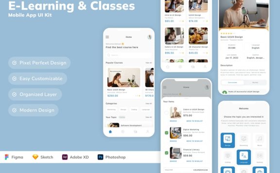 在线学习和课程移动应用 APP UI KIT (SKETCH,FIG,XD,PSD)