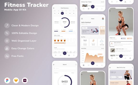 健身追踪器移动应用APP UI KIT (SKETCH,FIG,XD)