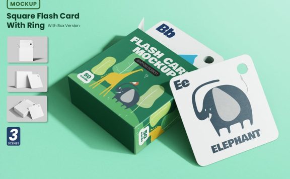 带包装盒模型集的方形儿童记忆卡样机 (PSD)
