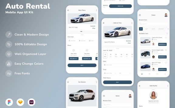 汽车租赁移动应用APP UI KIT (SKETCH,FIG,XD)