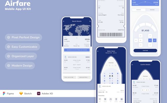 机票移动应用 APP UI KIT (SKETCH,FIG,XD)