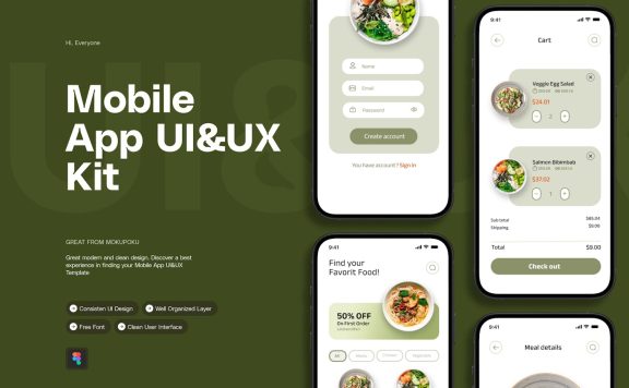 健康食品 – 移动应用 APP UI KIT (FIG)