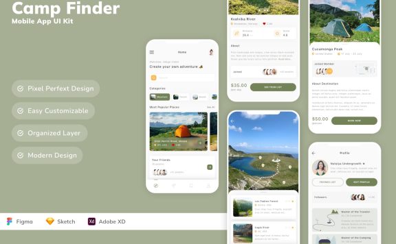 营地查找器移动应用APP UI KIT (SKETCH,FIG,XD)