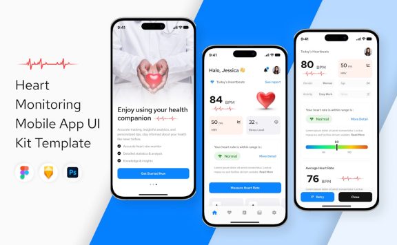 心率监测器移动应用  APP UI KIT (FIG,PSD,SKETCH)