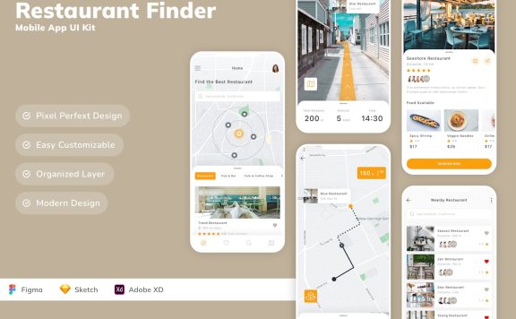 餐厅查找移动应用  APP UI KIT (SKETCH,FIG,XD)